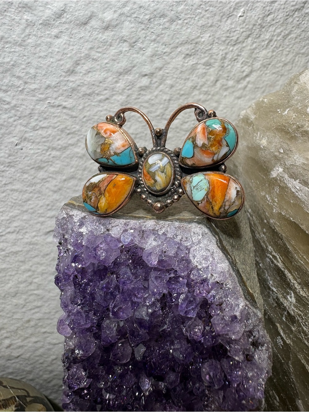 Spiny Turquoise Butterfly Adjustable Copper Ring Size 5-12